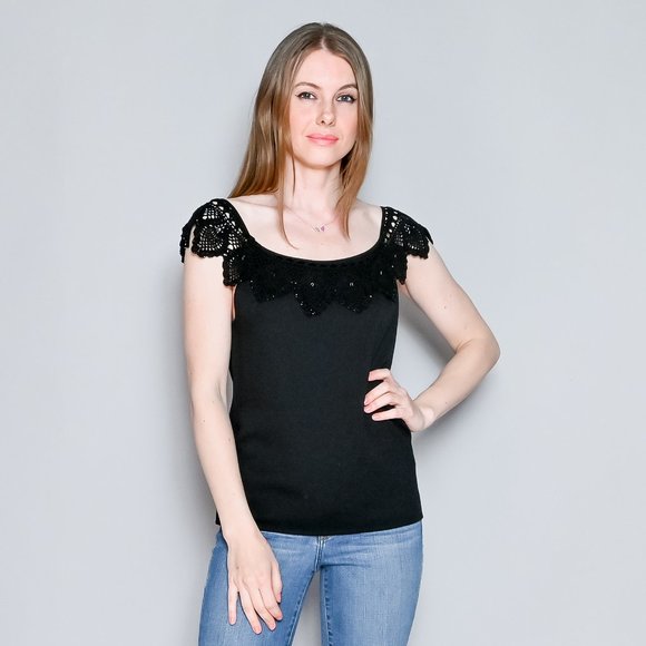 707. ESCADA Knit Black Top with Beaded Crochet Neckline Sz 42 - Picture 6 of 6